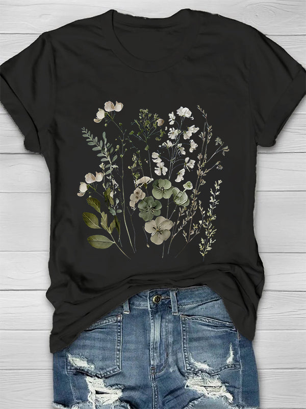 Retro Natural Wildflowers Printed Crew Neck Women's T-shirt