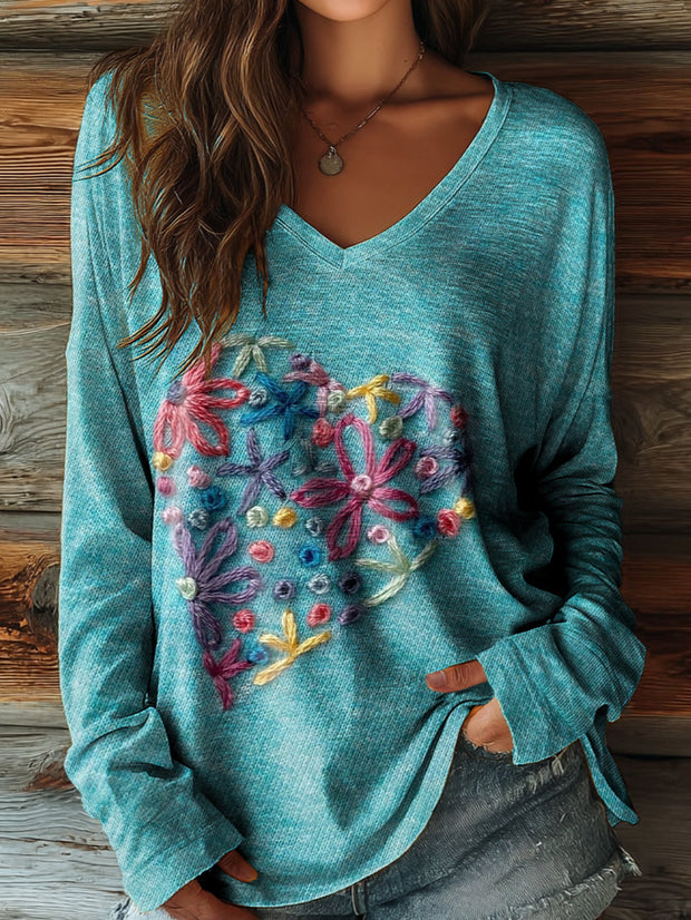 Women's Ethnic Collage Heart Floral Art Pattern Print Casual V-neck Long Sleeve T-shirt