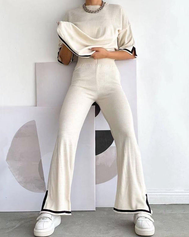 Contrast color slit sweater + wide-leg trousers two-piece set