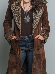 Retro Leopard Print Eco-friendly Fur Collar Polyester Suede Coat