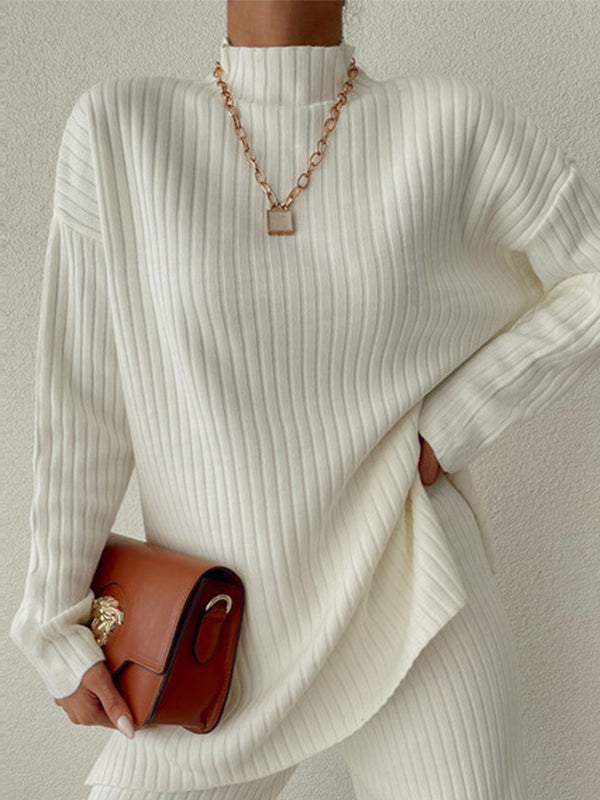 Casual Solid Color Turtleneck Loose Knit Ladies Two-piece Suit