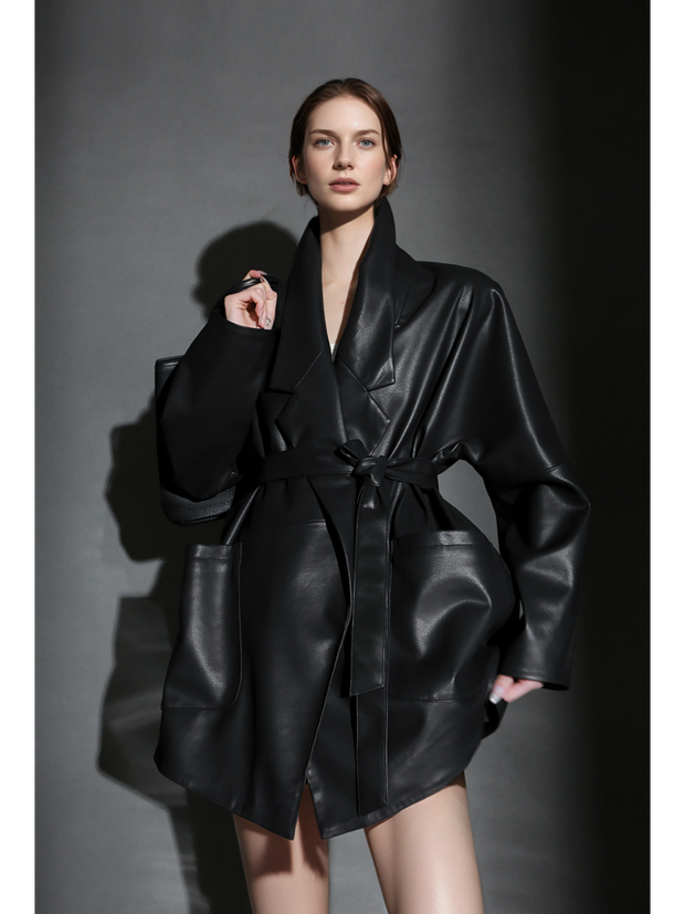 Women’s Short Leather Trench Coat – Tailored Waist Blazer Collar Lambskin Jacket for Fall