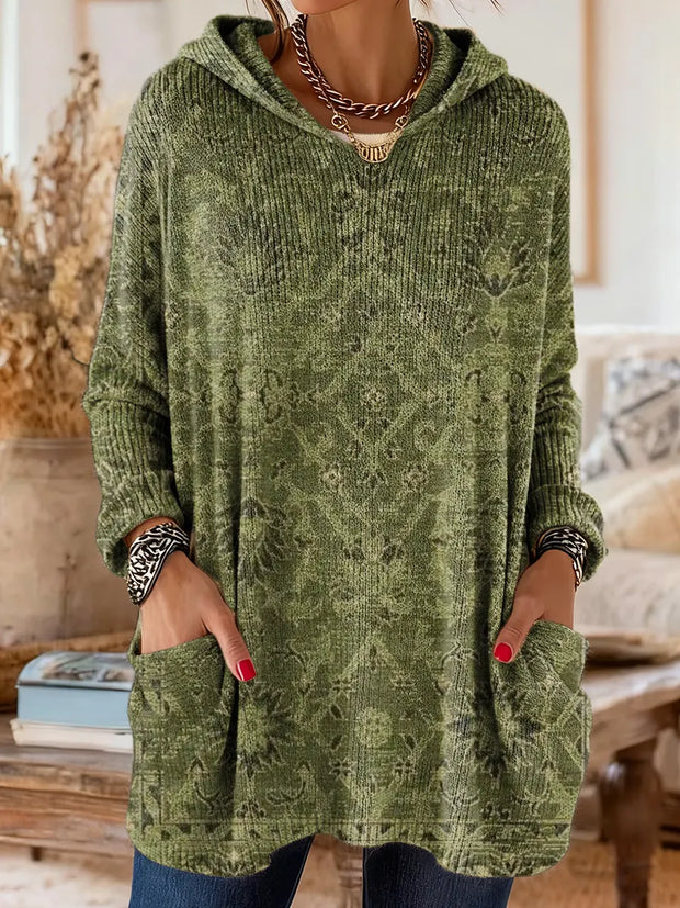 Ethnicity Geometry Flowers Green Women's Print Casual Long Sleeve Hooded Sweater