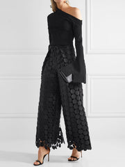 High Waisted Wide Leg Hollow Polka Dot Solid Color Pants Trousers