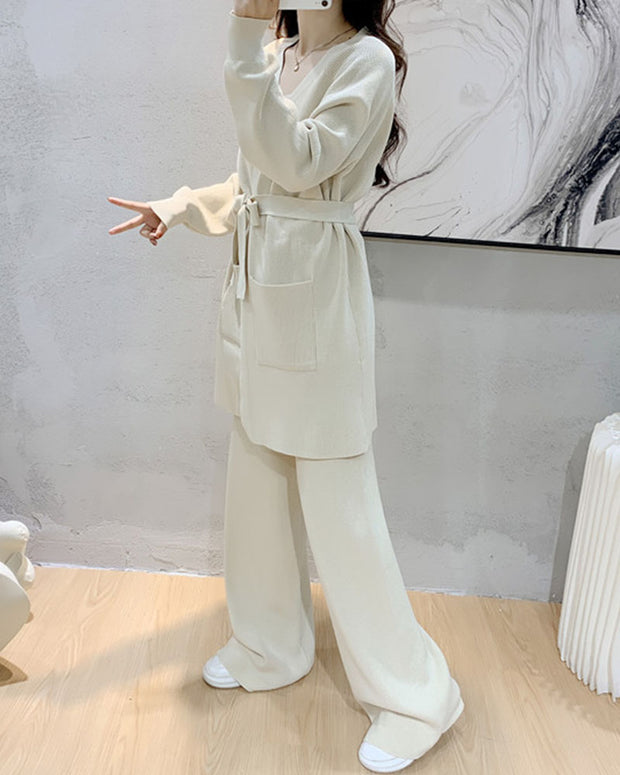 V-neck knitted cardigan jacket wide-leg pants two-piece set