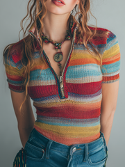 Retro Zipper Collar Colorful Striped Short Sleeve Knitted Blouse