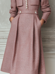 Vintage Pocket Tweed Long-Sleeved Midi Dress
