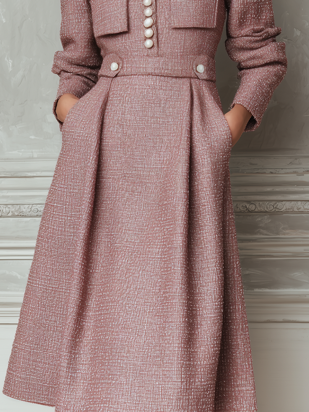 Vintage Pocket Tweed Long-Sleeved Midi Dress