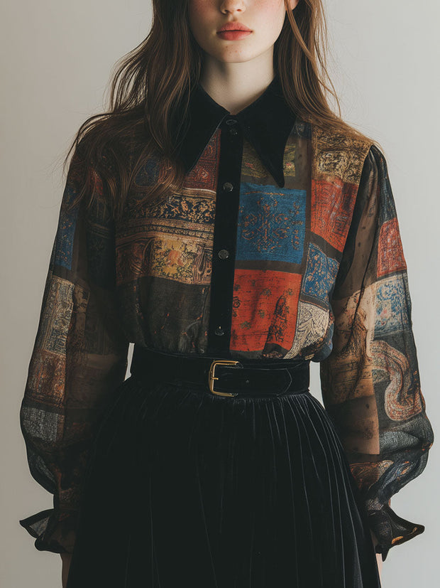 Retro Printed Velvet Patchwork Chiffon Balloon Sleeve Blouse