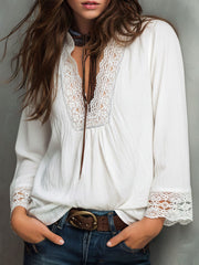 Vintage White Boho Peasant Blouse With Lace Trim