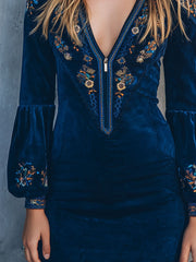 Boho V-Neck Midnight Blue Embroidered Velvet Zipper Mini Dress