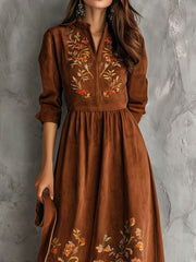 Vintage Brown Floral Embroidered Suede Midi Dress