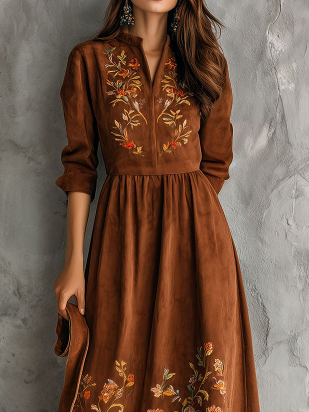Vintage Brown Floral Embroidered Suede Midi Dress