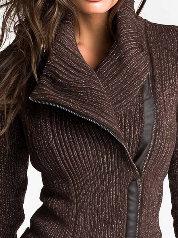 Brown Asymmetrical Zip Ribbed Knit Jacket