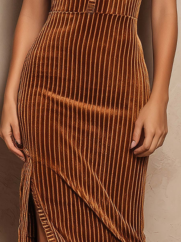 Caramel Velvet Striped Slit Lace Hem Midi Dress