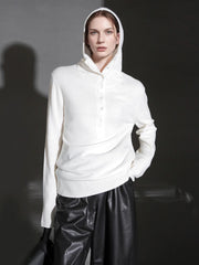 Henry Neck Half-Placket Wool Knit Hoodie – Vintage Relaxed Pullover Sweater for Women, Elegant Commuter Style