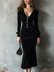 Elegant Fitted Waist Velvet Shirt And Fishtail Skirt Set