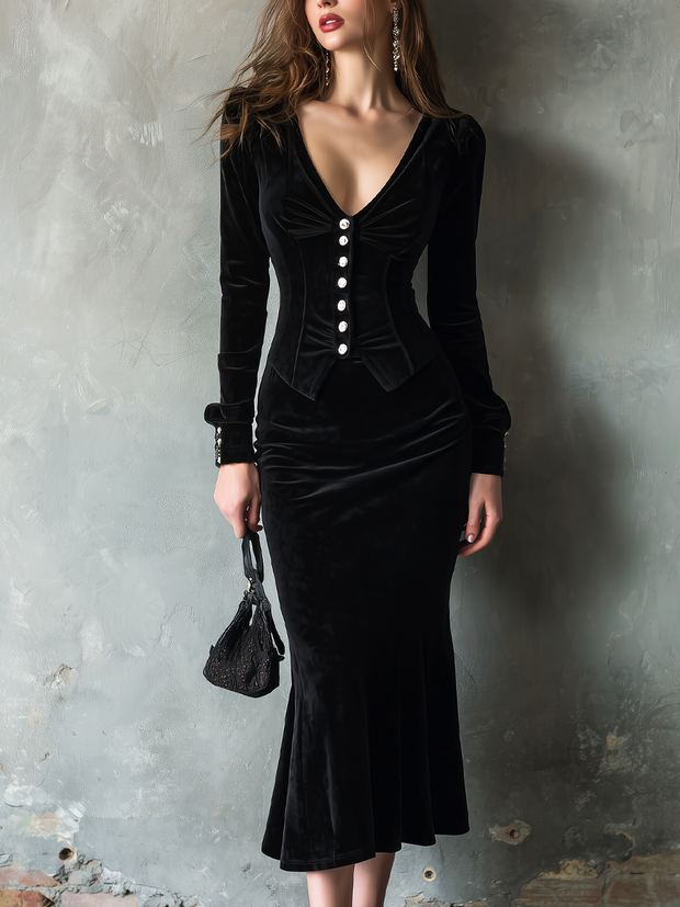 Elegant Fitted Waist Velvet Shirt And Fishtail Skirt Set