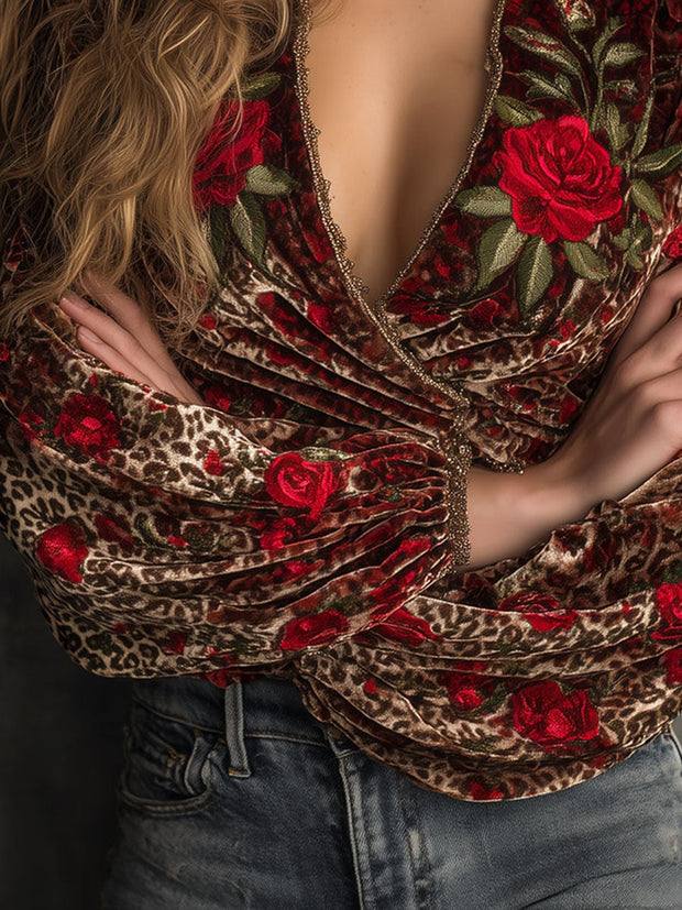 Chic V-Neck Rose Embroidery And Leopard Print Wrap Velvet Blouse