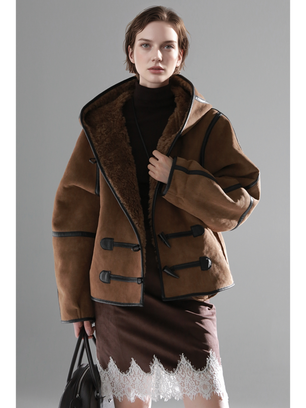 Reversible Women’s Suede & Shearling Coat – Luxury Hooded Duffle Toggle Jacket for Autumn/Winter
