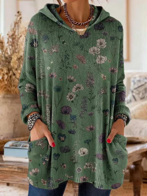 Women's Retro Floral Art Pattern Print Casual Knitted Pocket Hooded Tunic Top