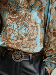 Sky Blue & Gold Luxurious Baroque Scroll Print Shirt