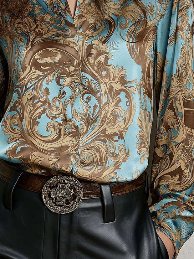 Sky Blue & Gold Luxurious Baroque Scroll Print Shirt