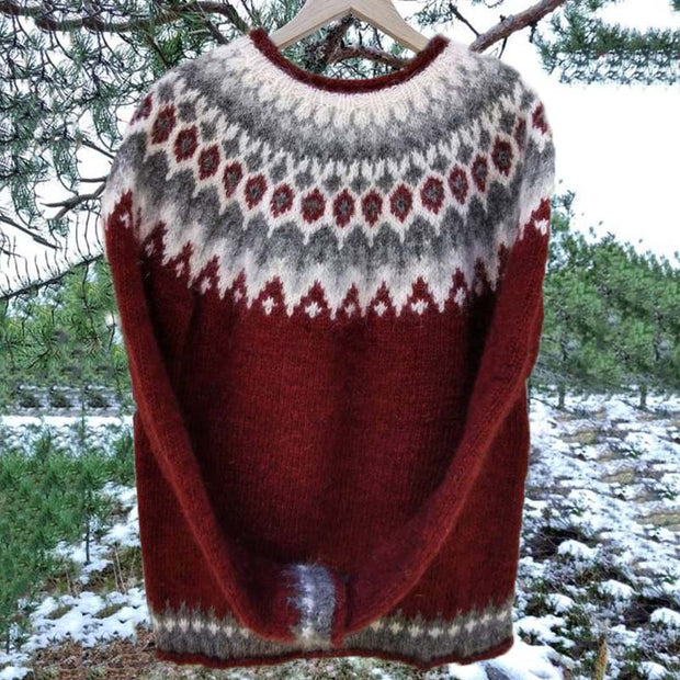 Unisex Vintage Red Icelandic Knit Jacquard Warmth Crew Neck Sweater