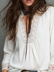 Vintage White Boho Peasant Blouse With Lace Trim