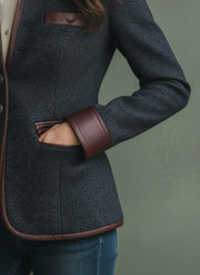 Navy Tweed Military-Style Jacket with Faux Leather Trim