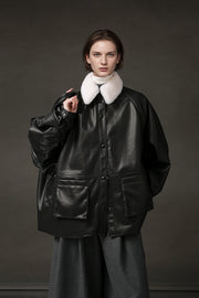 Women’s Biker-Style Shearling Down Jacket – Trendy Short White Goose Down Coat for Winter