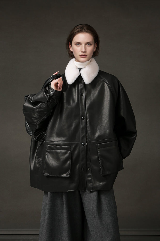 Women’s Biker-Style Shearling Down Jacket – Trendy Short White Goose Down Coat for Winter