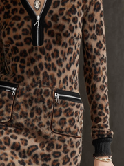 Vintage Zipper Collar Pocket Leopard Print Knitted Mini Dress