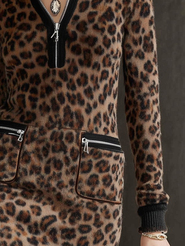 Vintage Zipper Collar Pocket Leopard Print Knitted Mini Dress