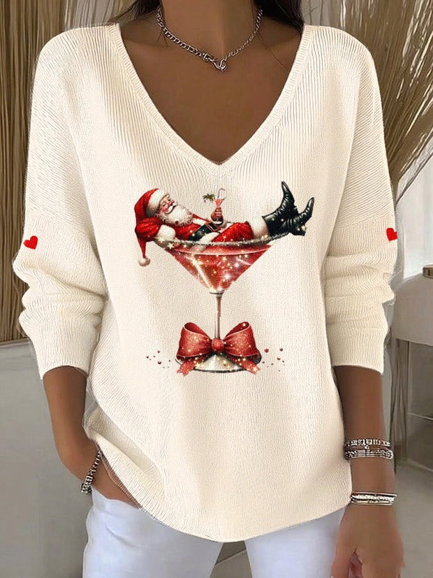 Fun Christmas Santa Casual V Neck Pullover Sweater