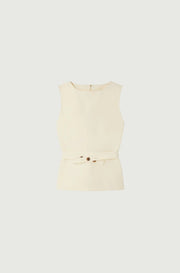 Round Collar Belt And Buttons Split  Sleeveless Shirt