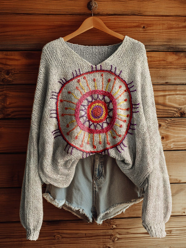 Women's Line Embroidery Print Art Casual Pullover Sweater