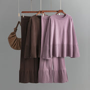 Fashionable bell sleeves, round neck and slit two-piece set