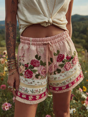 Women's Patchwork Rose Floral Waist Drawstring Pocket Shorts