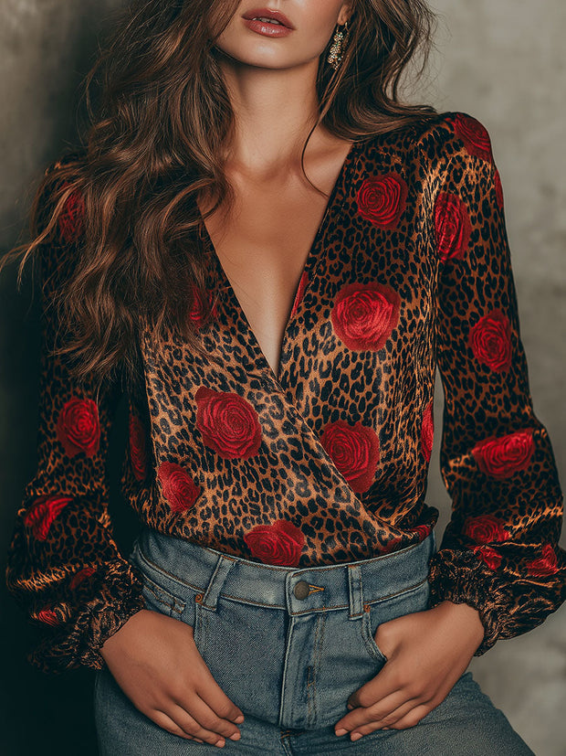 Elegant Rose Pattern And Leopard Print Satin Wrap Blouse