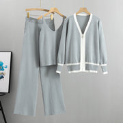 Knitted cardigan suspender wide-leg pants three-piece set