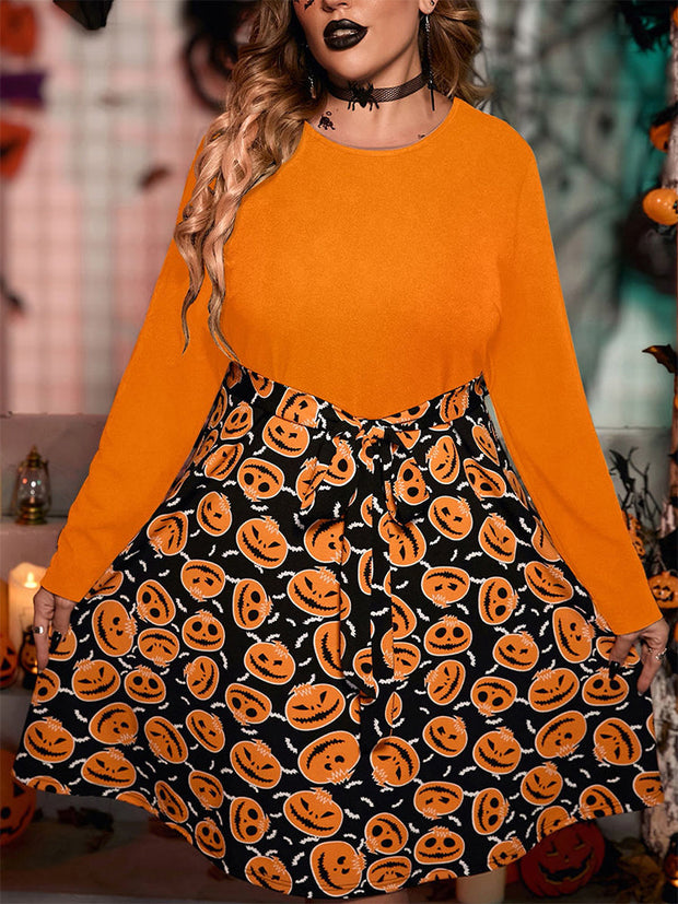 Halloween Pumpkin Print Belted Dress