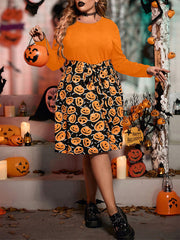 Halloween Pumpkin Print Belted Dress