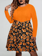 Halloween Pumpkin Print Belted Dress