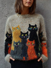 Vintage Halloween Cats Fuzzy Cozy Knit Sweater