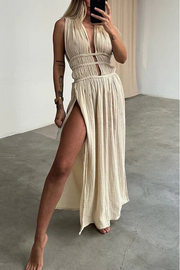 Boho with Elegance Linen Blend Braids Belt Cutout Slit Kaftan Maxi Dress