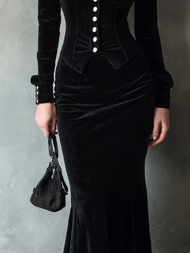 Elegant Fitted Waist Velvet Shirt And Fishtail Skirt Set