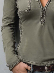 Slim Fit Western Utility Washed Green Zip-Up Top