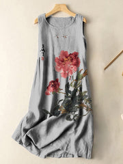 Vintage Japanese Ink Flower Calligraphy Art Print Sleeveless Cotton And Linen Midi Dress