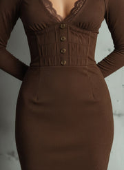 Brown Ribbed Knit Cut-Out Midi Dress